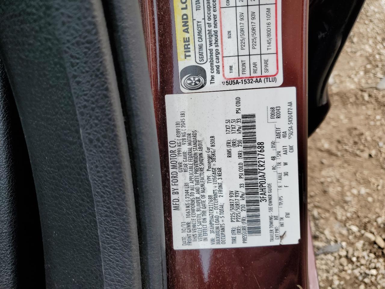 2012 Ford Fusion Sel VIN: 3FAHP0JA7CR217688 Lot: 81615965