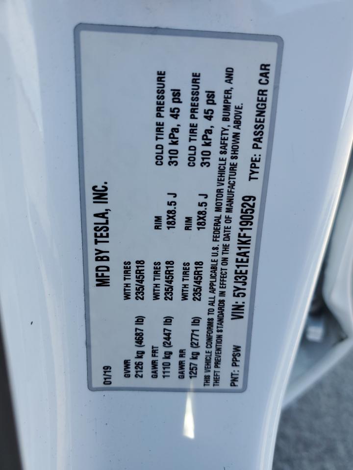 2019 Tesla Model 3 VIN: 5YJ3E1EA1KF190529 Lot: 71089525