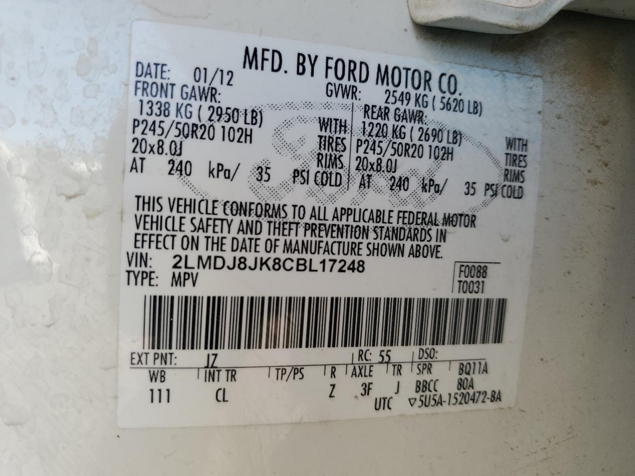 2012 Lincoln Mkx VIN: 2LMDJ8JK8CBL17248 Lot: 80859075