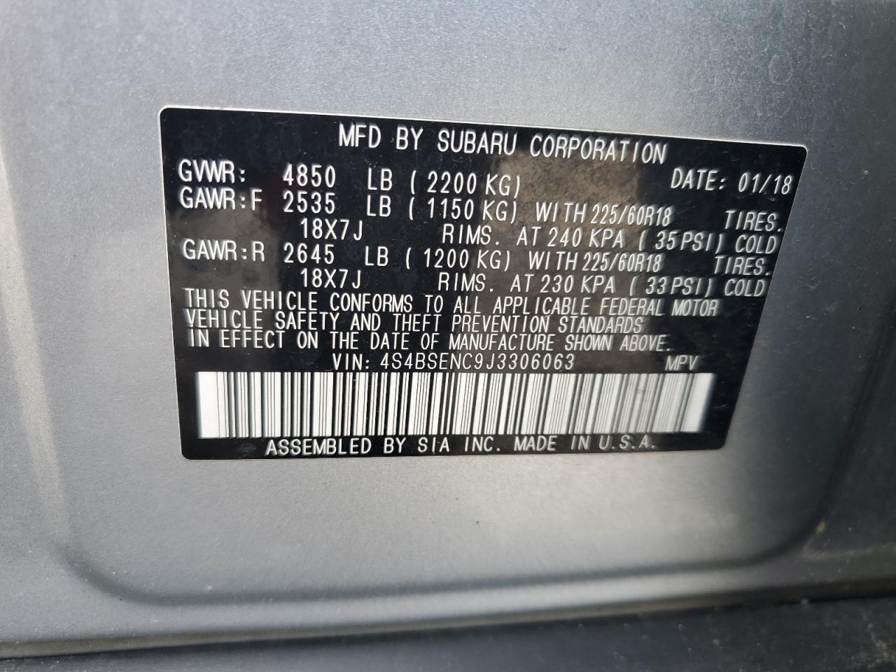 2018 Subaru Outback 3.6R Limited VIN: 4S4BSENC9J3306063 Lot: 71961845