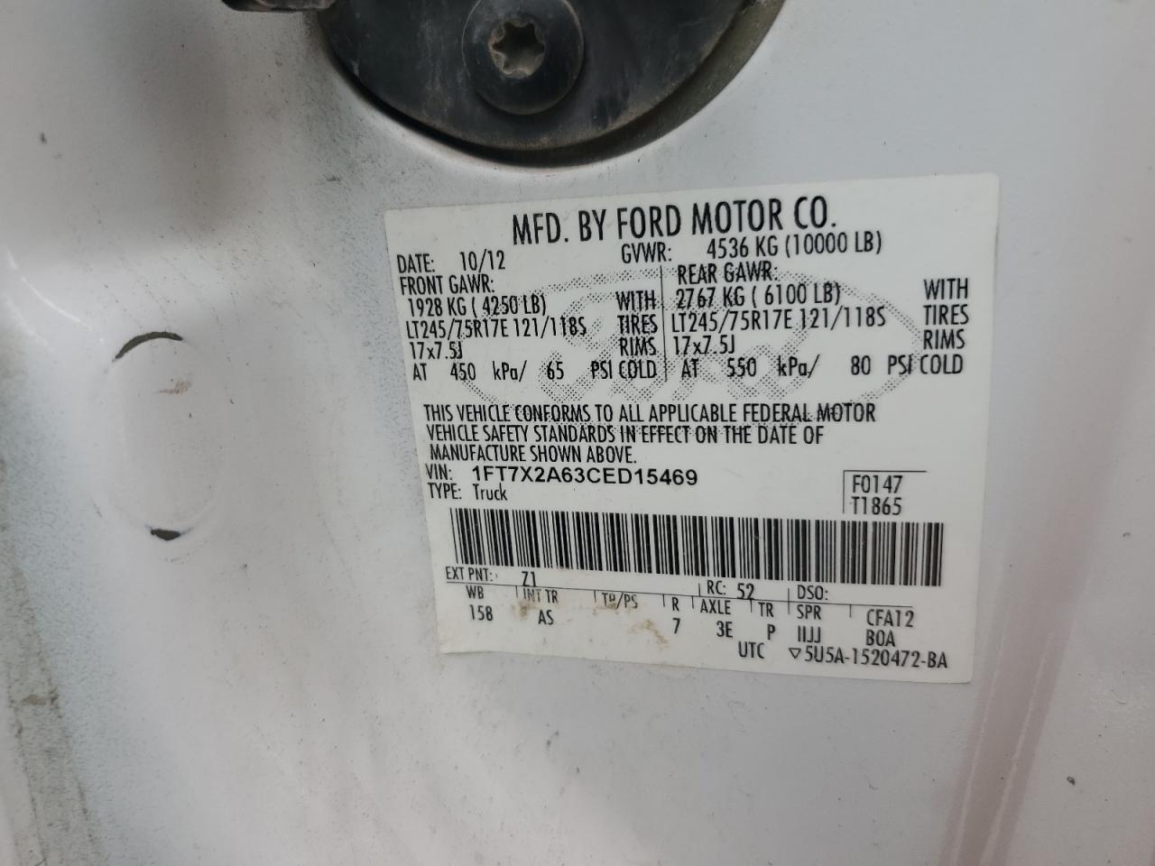 2012 Ford F250 Super Duty VIN: 1FT7X2A63CED15469 Lot: 81643895