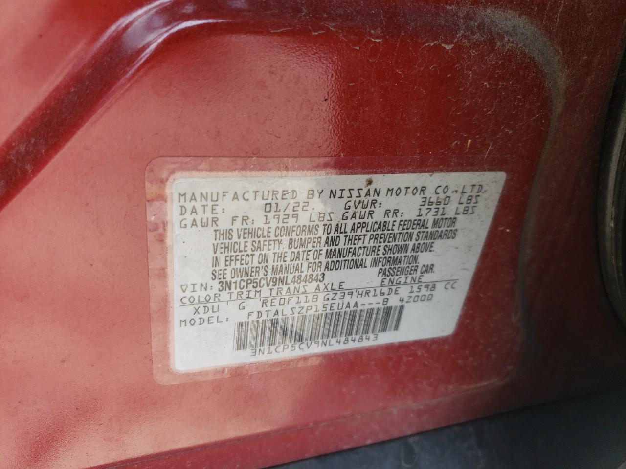 2022 Nissan Kicks Sv VIN: 3N1CP5CV9NL484843 Lot: 80648055