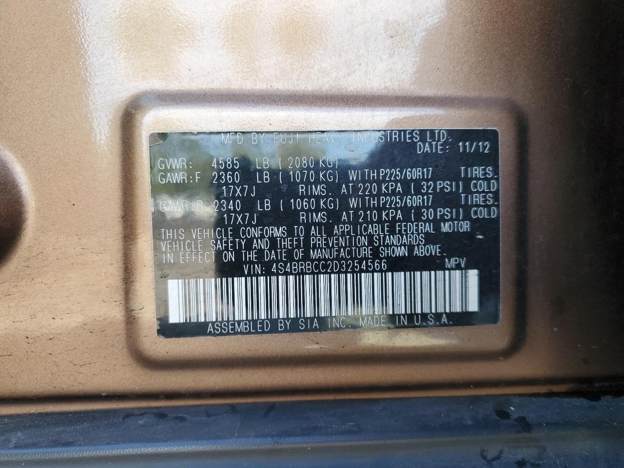 2013 Subaru Outback 2.5I Premium VIN: 4S4BRBCC2D3254566 Lot: 81861065