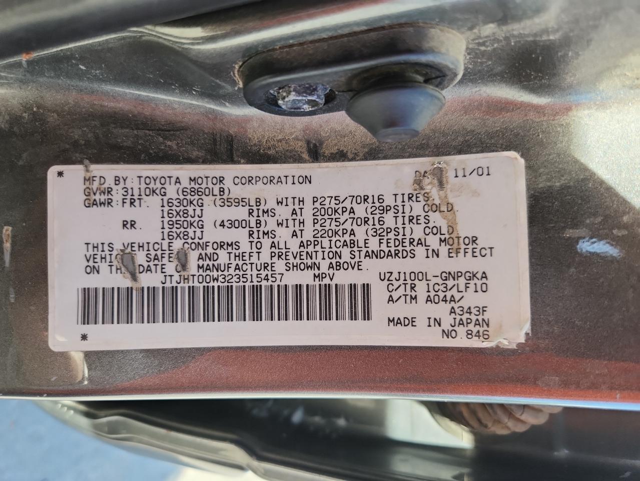 2002 Lexus Lx 470 VIN: JTJHT00W323515457 Lot: 84211815