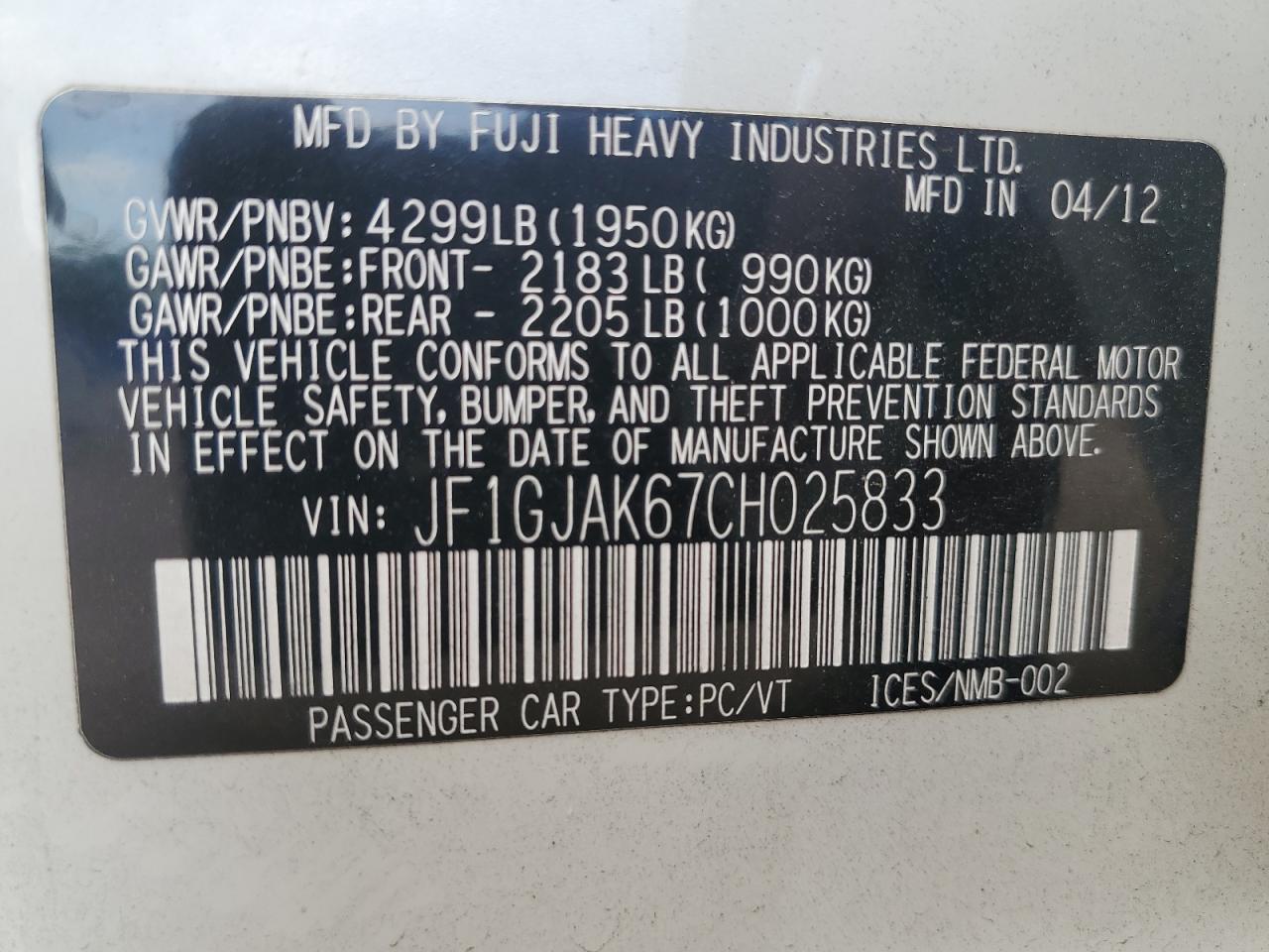 2012 Subaru Impreza Limited VIN: JF1GJAK67CH025833 Lot: 81328565