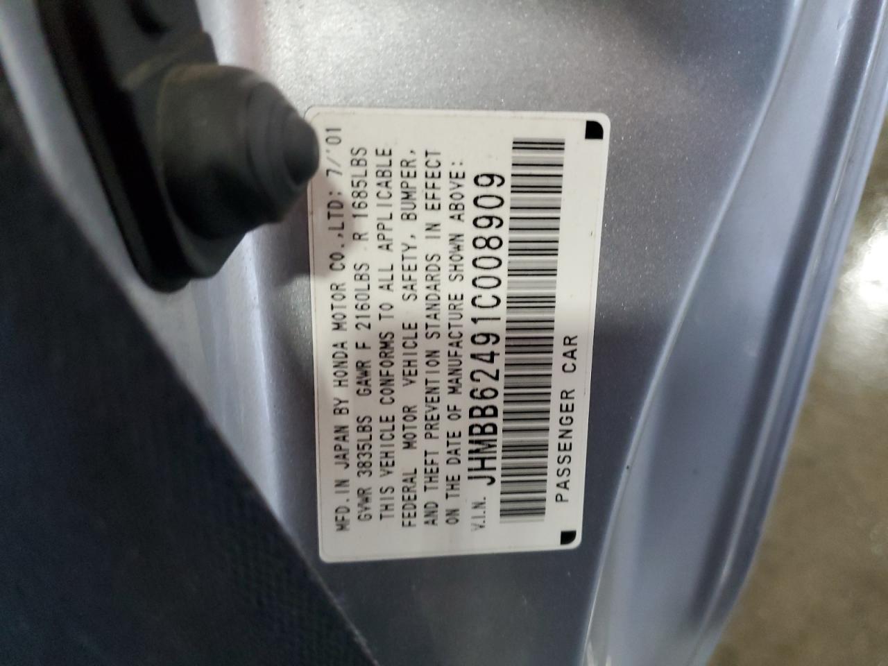 2001 Honda Prelude VIN: JHMBB62491C008909 Lot: 82052175