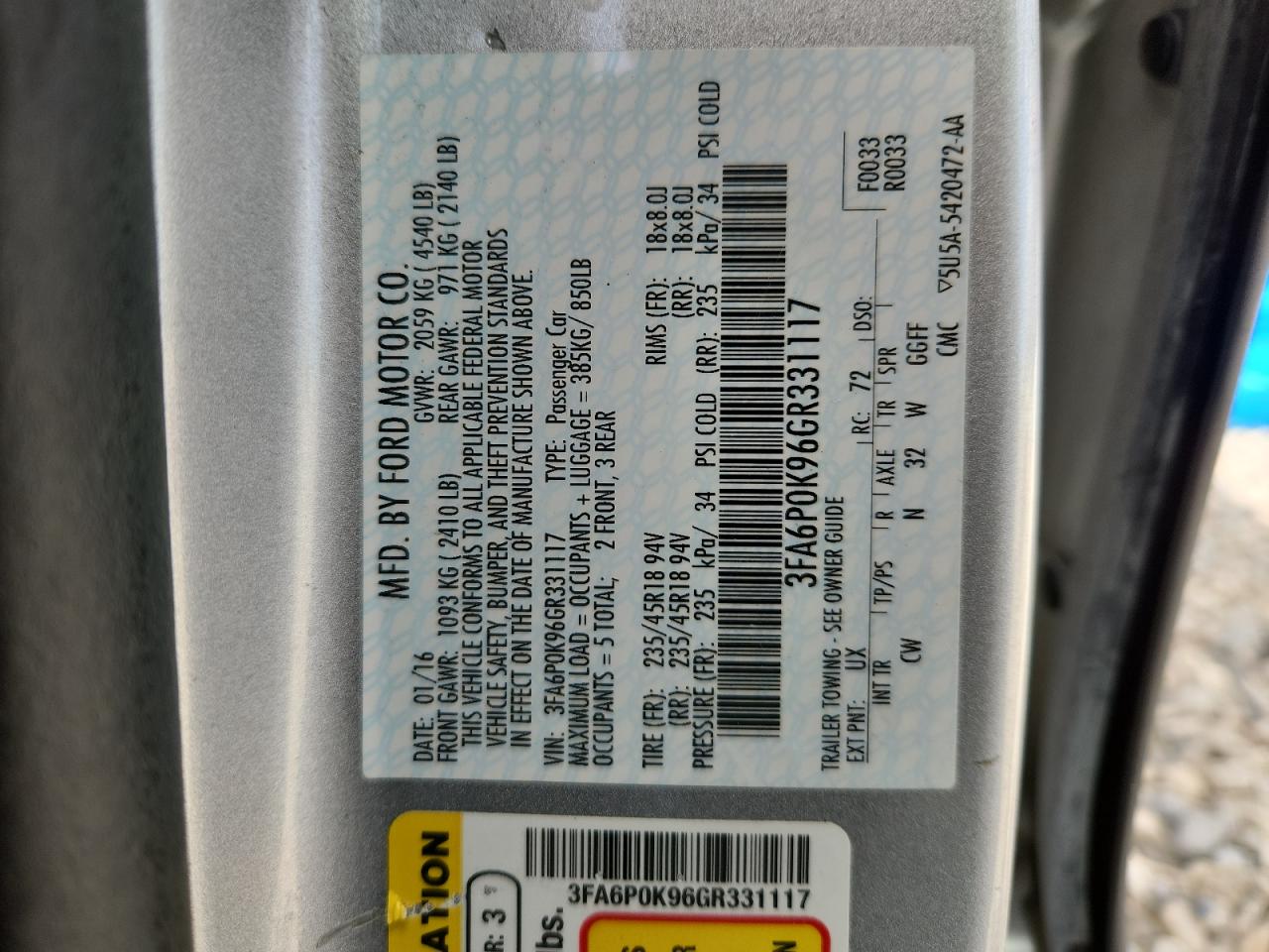 2016 Ford Fusion Titanium VIN: 3FA6P0K96GR331117 Lot: 80106575