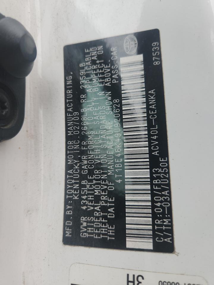 2009 Toyota Camry Base VIN: 4T1BE46K49U920628 Lot: 84414105