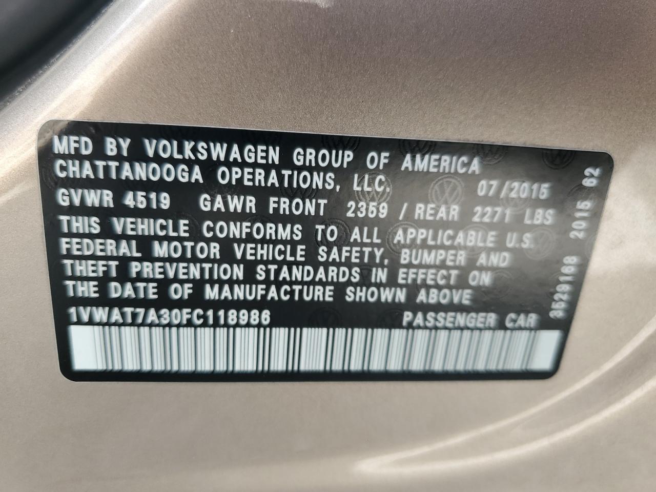 2015 Volkswagen Passat S VIN: 1VWAT7A30FC118986 Lot: 82107215