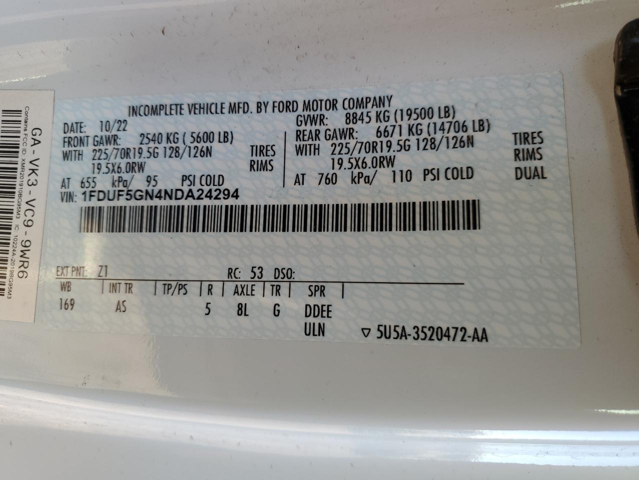 2022 Ford F550 Super Duty VIN: 1FDUF5GN4NDA24294 Lot: 72031545