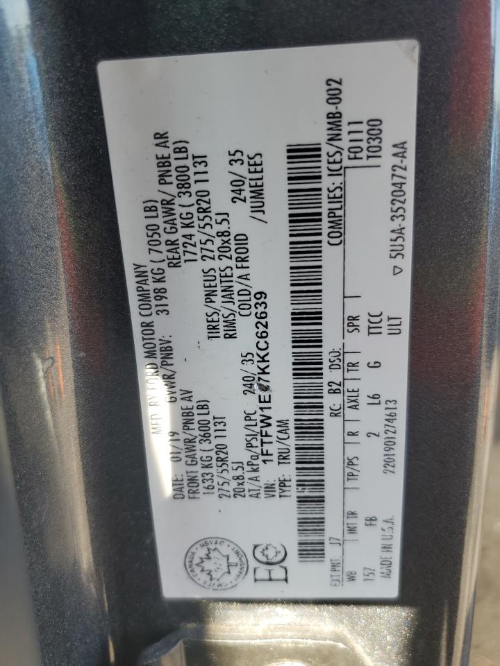 2019 Ford F150 Supercrew VIN: 1FTFW1E57KKC62639 Lot: 71895645