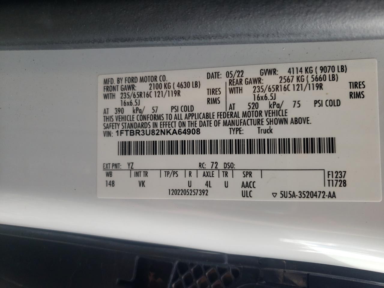 2022 Ford Transit T-250 VIN: 1FTBR3U82NKA64908 Lot: 80087445