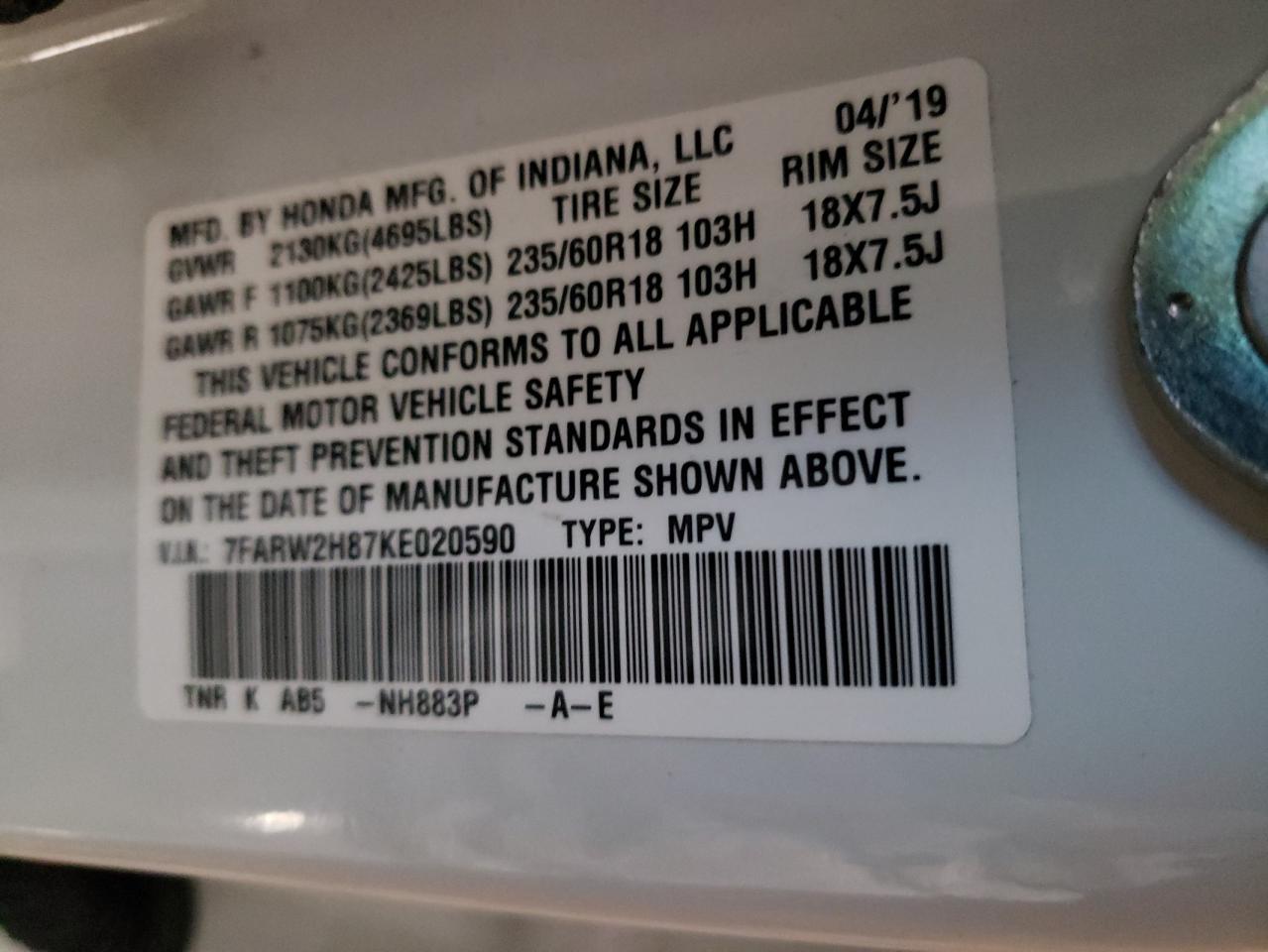 2019 Honda Cr-V Exl VIN: 7FARW2H87KE020590 Lot: 80745565