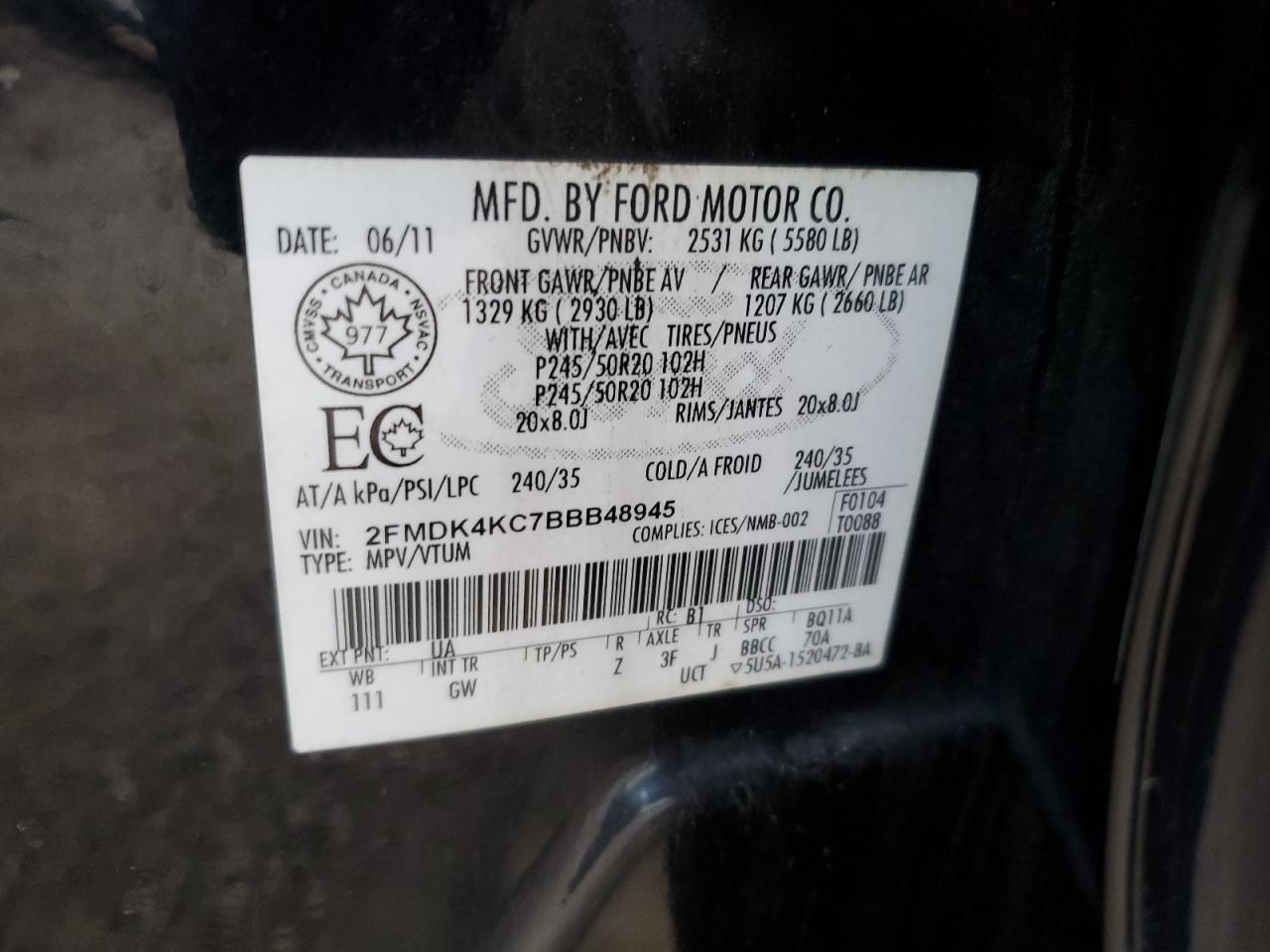 2011 Ford Edge Limited VIN: 2FMDK4KC7BBB48945 Lot: 70368875