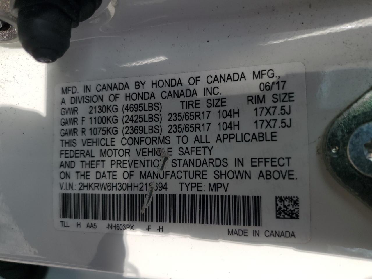 2017 Honda Cr-V Lx VIN: 2HKRW6H30HH216694 Lot: 80450205