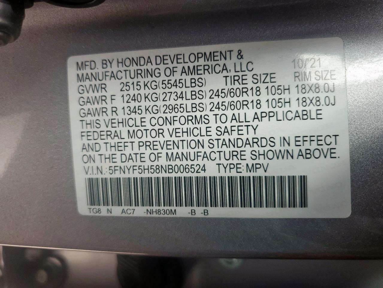 2022 Honda Pilot Exl VIN: 5FNYF5H58NB006524 Lot: 83940625