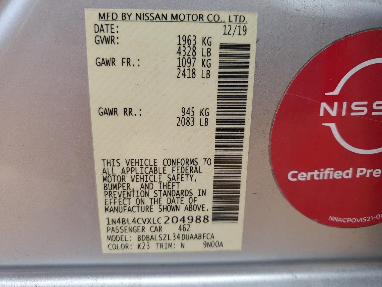 2020 Nissan Altima Sr VIN: 1N4BL4CVXLC204988 Lot: 81899425