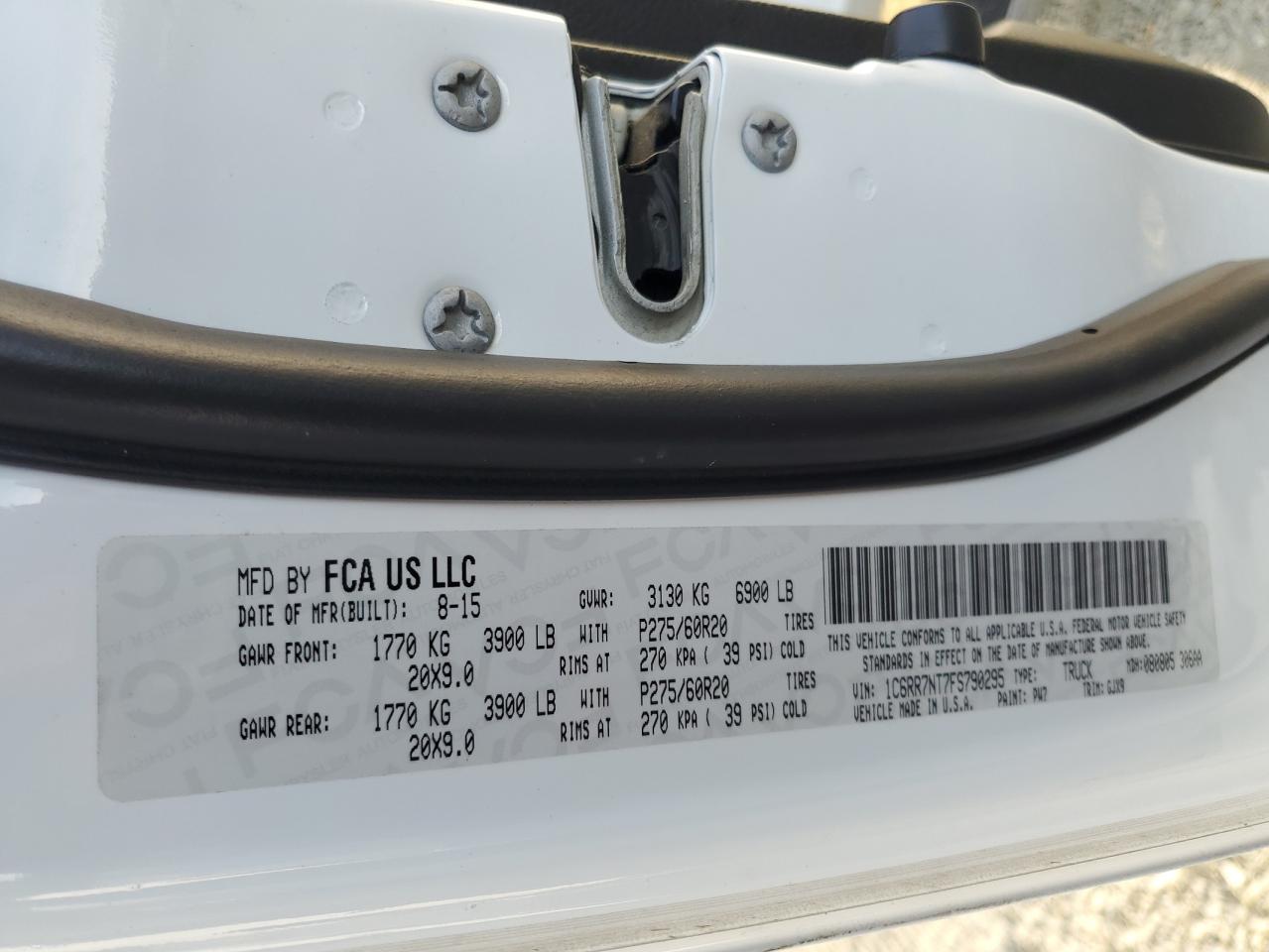 2015 Ram 1500 Laramie VIN: 1C6RR7NT7FS790295 Lot: 81797525