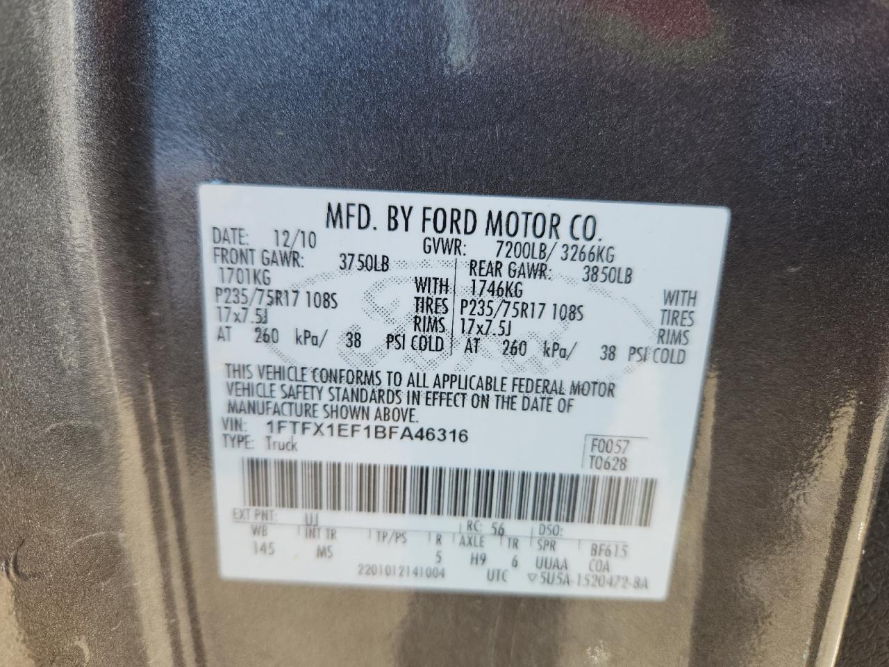 2011 Ford F150 Super Cab VIN: 1FTFX1EF1BFA46316 Lot: 83831415