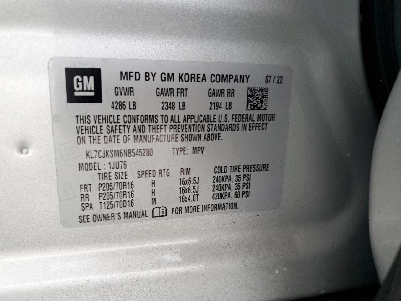 2022 Chevrolet Trax Ls VIN: KL7CJKSM6NB545280 Lot: 71474125