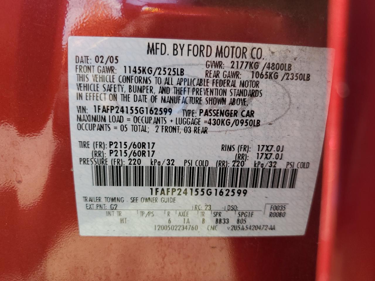 2005 Ford Five Hundred Sel VIN: 1FAFP24155G162599 Lot: 81408065