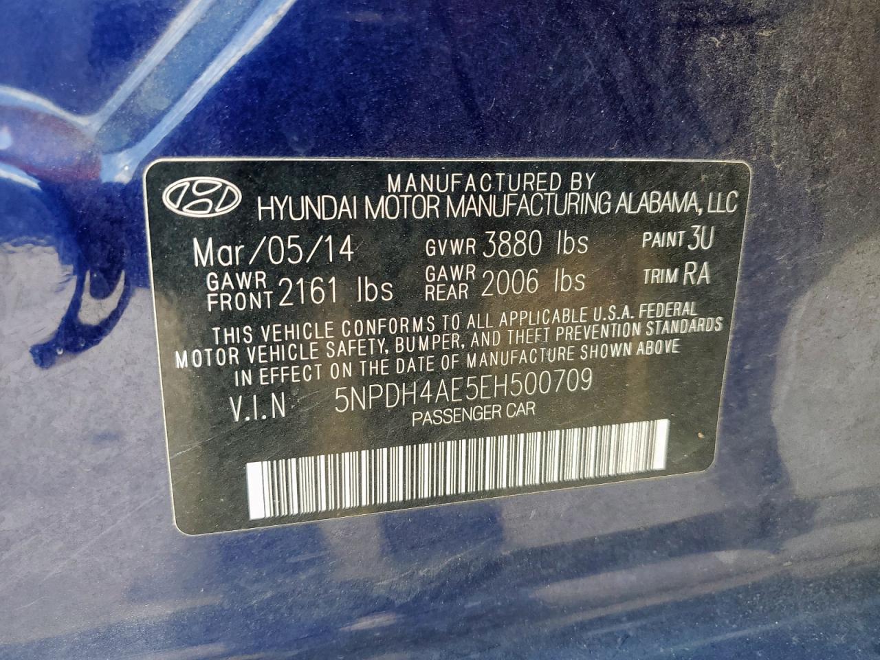 2014 Hyundai Elantra Se VIN: 5NPDH4AE5EH500709 Lot: 83760825