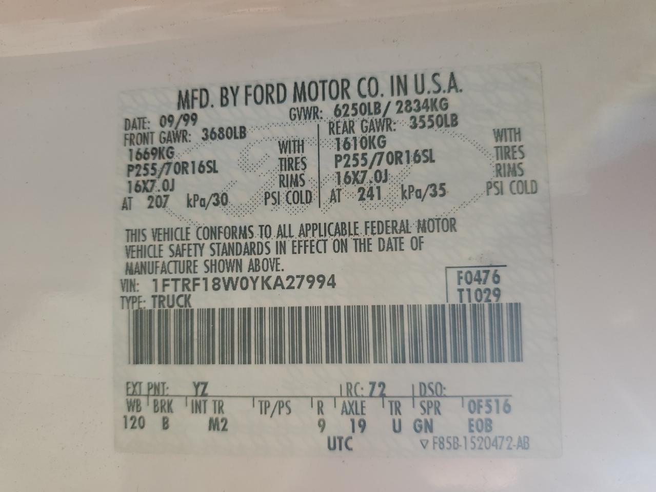 2000 Ford F150 VIN: 1FTRF18W0YKA27994 Lot: 82090145