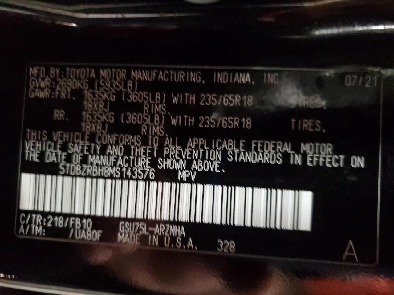 2021 Toyota Highlander L VIN: 5TDBZRBH8MS143576 Lot: 80180715