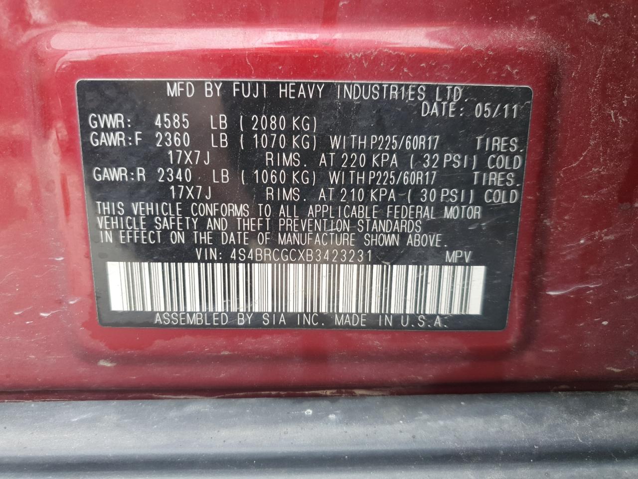 2011 Subaru Outback 2.5I Premium VIN: 4S4BRCGCXB3423231 Lot: 82077345