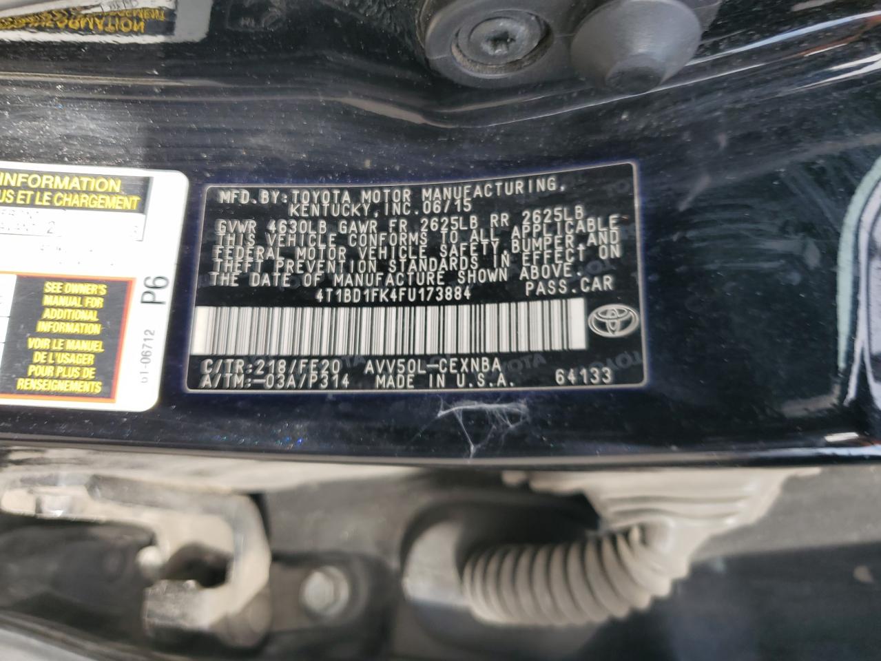 2015 Toyota Camry Hybrid VIN: 4T1BD1FK4FU173884 Lot: 81941545