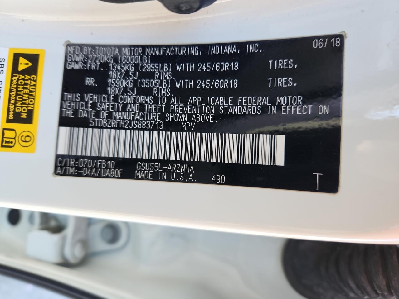 2018 Toyota Highlander Le VIN: 5TDBZRFH2JS883713 Lot: 82119555