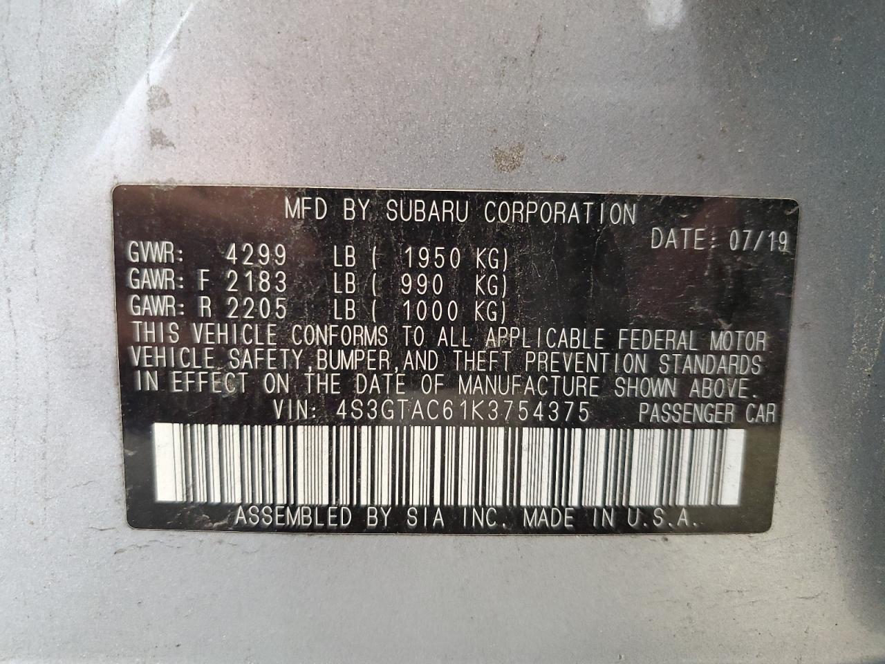 2019 Subaru Impreza Premium VIN: 4S3GTAC61K3754375 Lot: 80538675