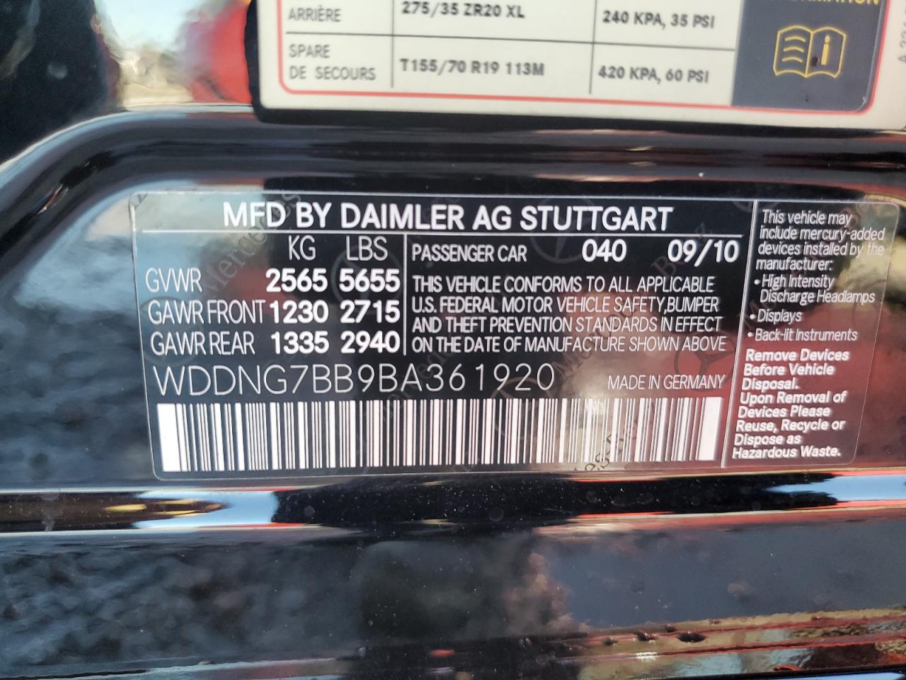 2011 Mercedes-Benz S 550 VIN: WDDNG7BB9BA361920 Lot: 81449825