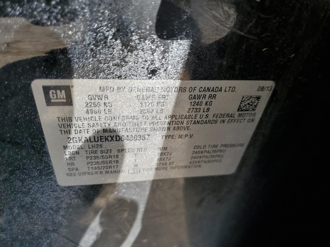 2013 GMC Terrain Slt VIN: 2GKALUEKXD6430357 Lot: 71414945