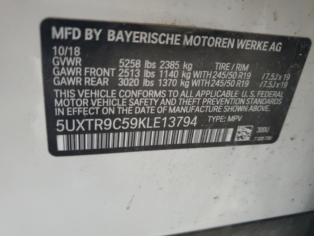 2019 BMW X3 xDrive30I VIN: 5UXTR9C59KLE13794 Lot: 70835365