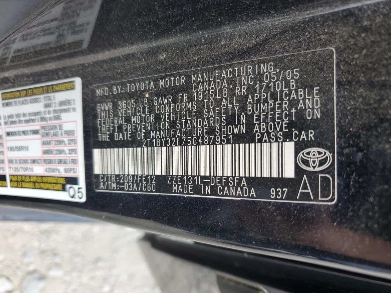 2005 Toyota Corolla Xrs VIN: 2T1BY32E75C487951 Lot: 71611475