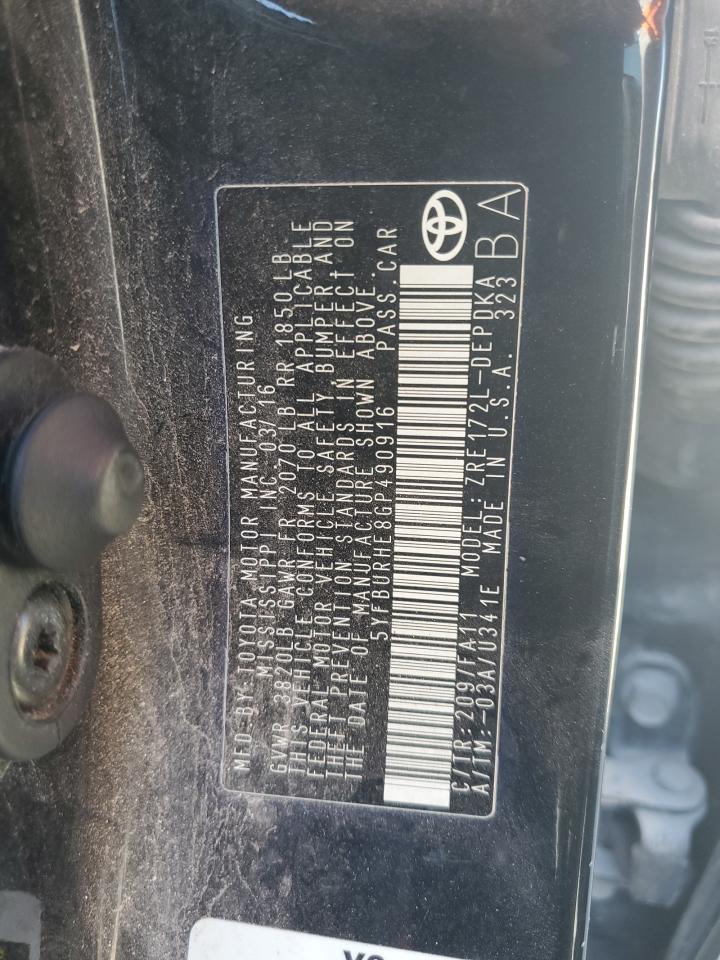 2016 Toyota Corolla L VIN: 5YFBURHE8GP490916 Lot: 81385325