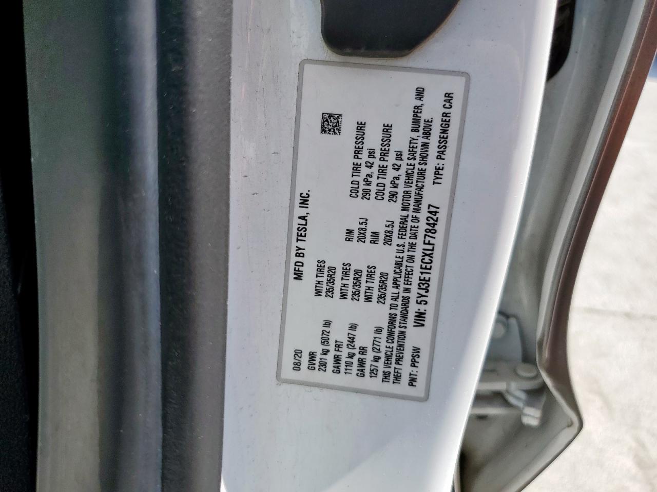 2020 Tesla Model 3 VIN: 5YJ3E1ECXLF784247 Lot: 84637495