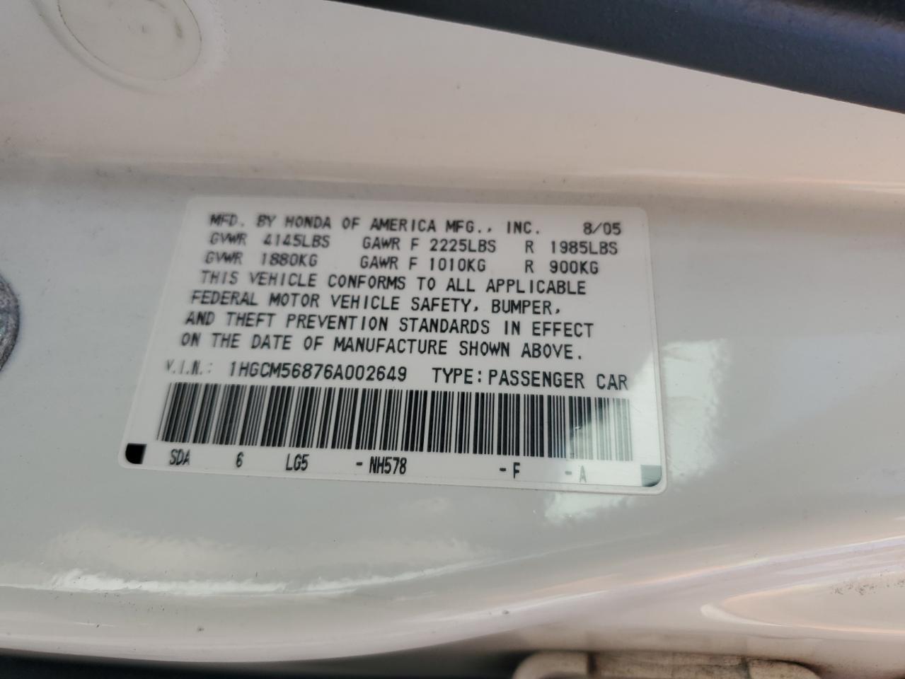 2006 Honda Accord Ex VIN: 1HGCM56876A002649 Lot: 83802075