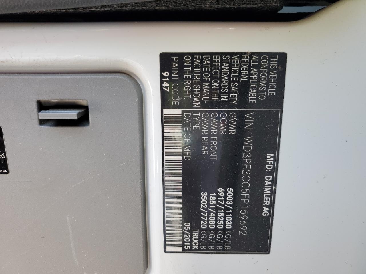 2015 Mercedes-Benz Sprinter 3500 VIN: WD3PF3CC5FP159692 Lot: 81680935