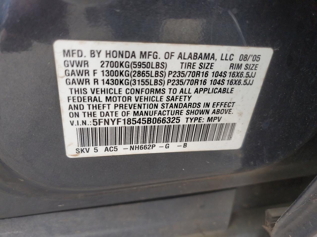 2005 Honda Pilot Exl VIN: 5FNYF18545B066325 Lot: 80352115