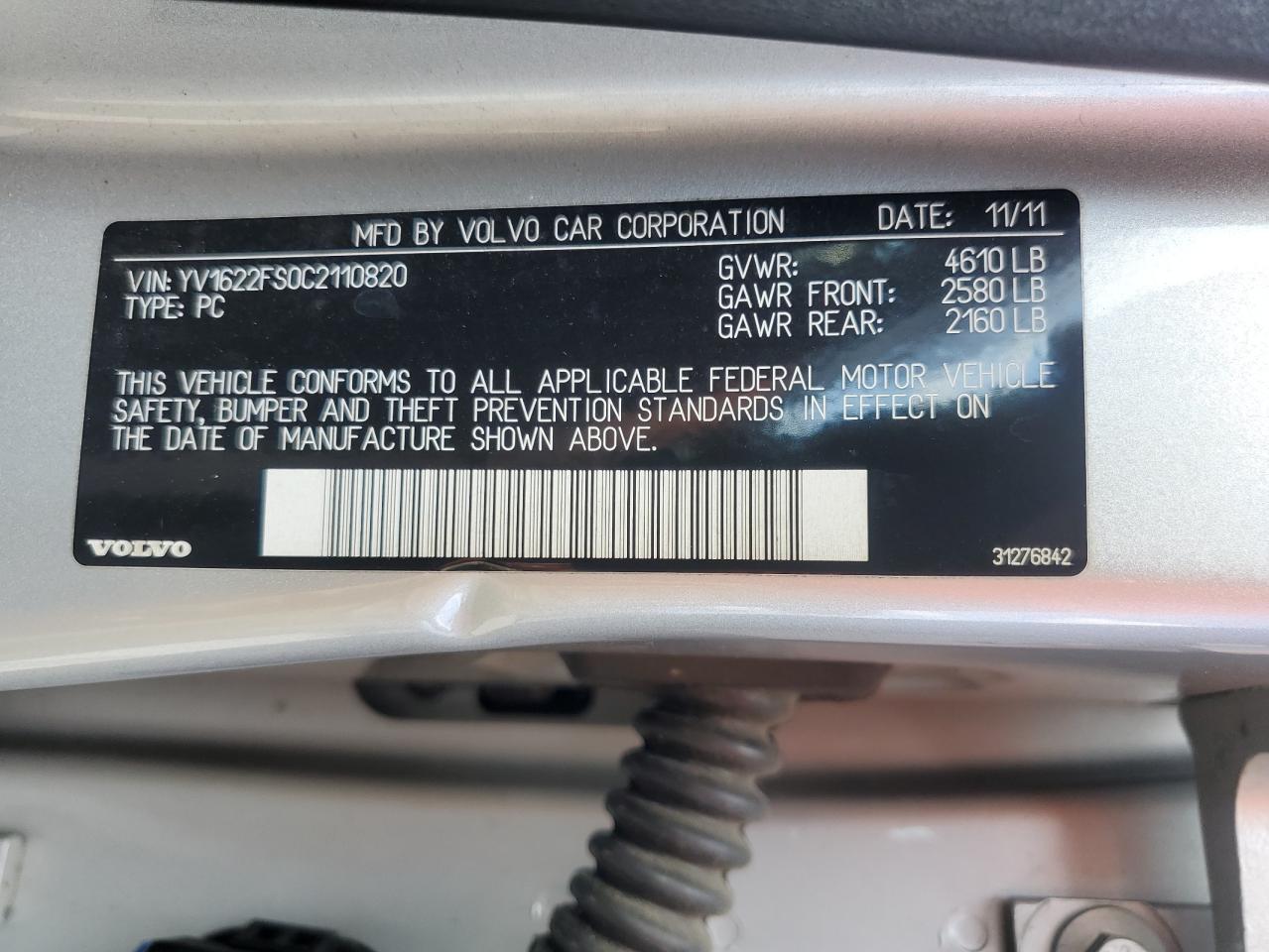 2012 Volvo S60 T5 VIN: YV1622FS0C2110820 Lot: 81112215