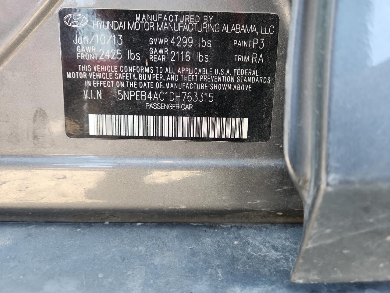 2013 Hyundai Sonata Gls VIN: 5NPEB4AC1DH763315 Lot: 71673475