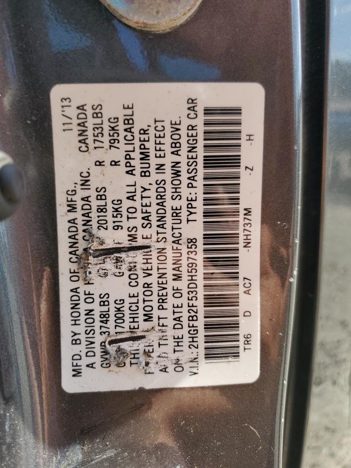 2013 Honda Civic Lx VIN: 2HGFB2F53DH597358 Lot: 81682315