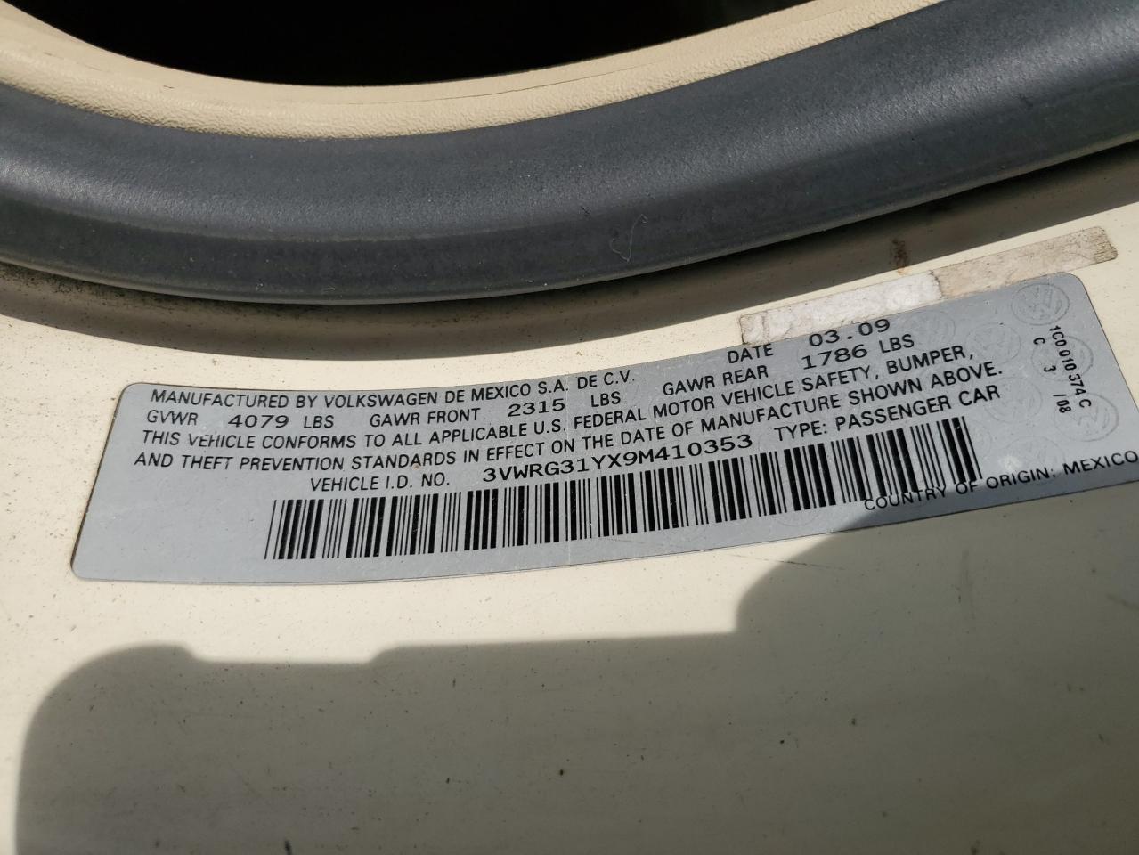 2009 Volkswagen New Beetle S VIN: 3VWRG31YX9M410353 Lot: 71943565