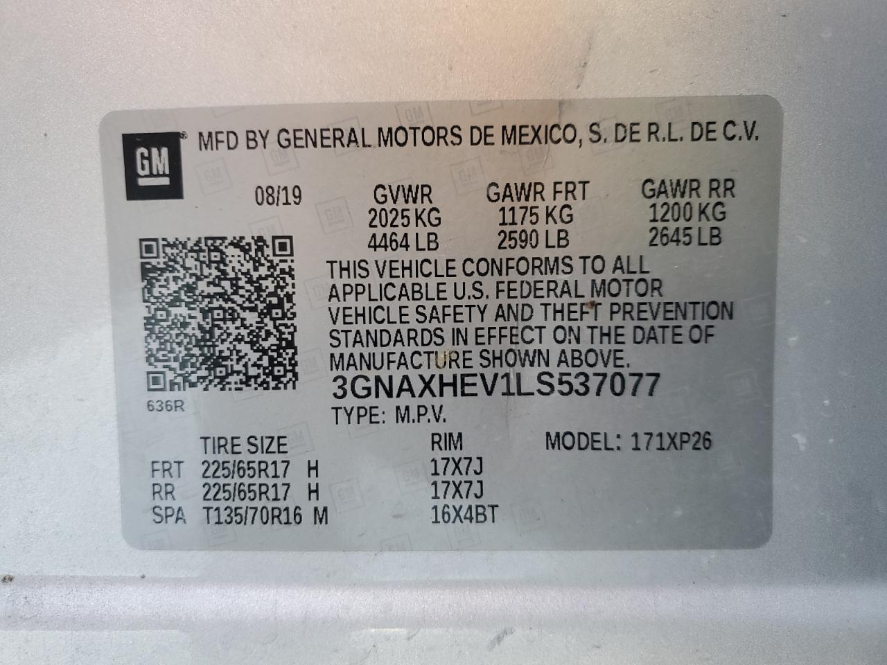 2020 Chevrolet Equinox Ls VIN: 3GNAXHEV1LS537077 Lot: 80951575