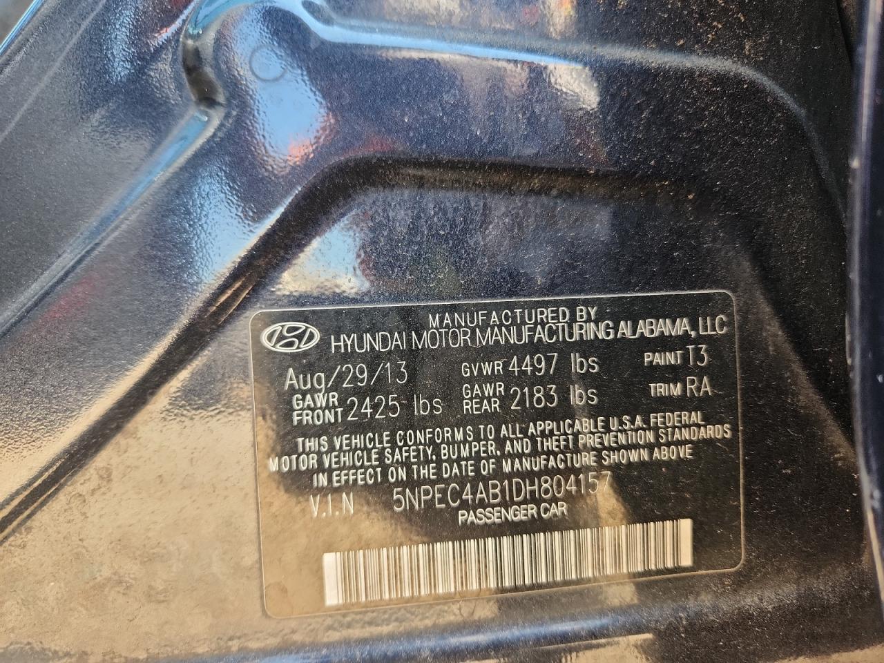 2013 Hyundai Sonata Se VIN: 5NPEC4AB1DH804157 Lot: 80608665