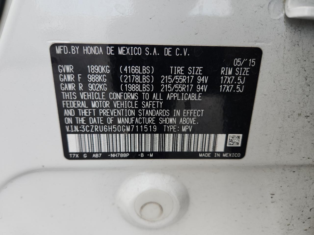2016 Honda Hr-V Ex VIN: 3CZRU6H50GM711519 Lot: 81801205