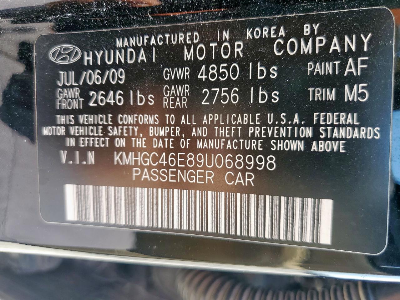 2009 Hyundai Genesis 3.8L VIN: KMHGC46E89U068998 Lot: 81590315