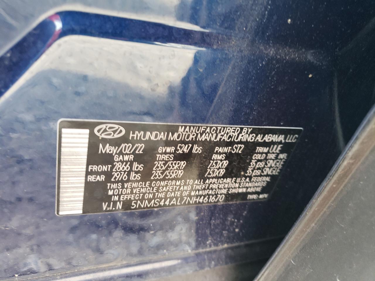 2022 Hyundai Santa Fe Limited VIN: 5NMS44AL7NH461670 Lot: 80686195